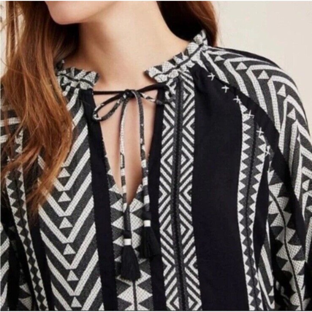 Maeve by Anthropology Dress Sz XSP Black White Geometric Print Tassels Bohemian - Picture 2 of 16